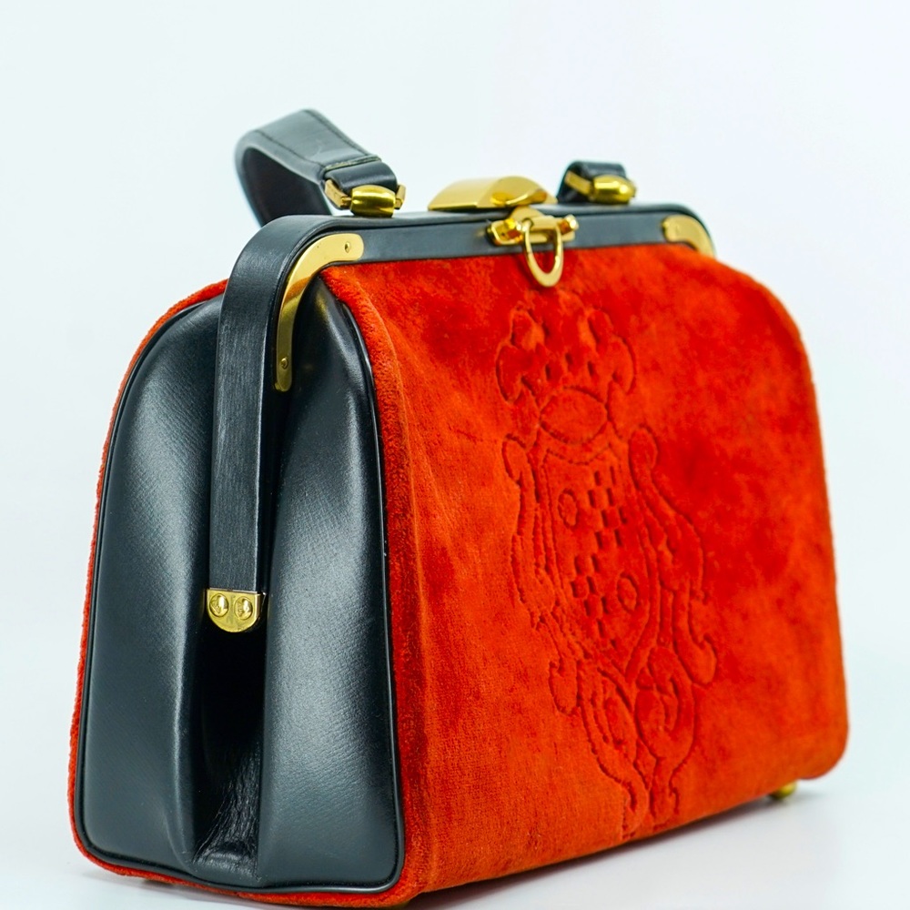 1960s BONWIT TELLER Vintage Embossed Embroidery Burnout Velvet Orange Doctor Bag